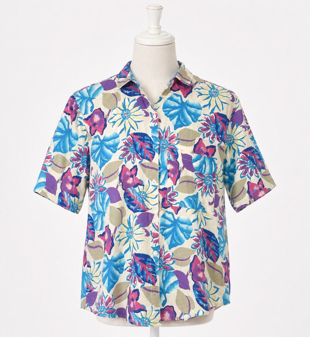 Cherokee Cotton Floral Button Down Shirt Blue and Purple Tropical Hawaiian